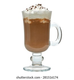 Latte with cream in original irish coffee mug on white background included clipping path