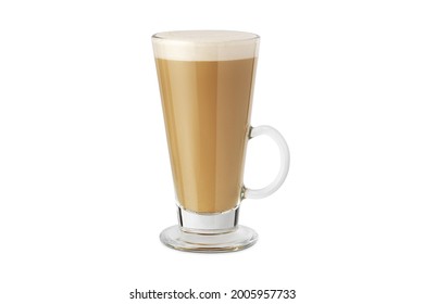 Latte macchiato in beautiful cup on an isolated white background with natural shadow. Cappuccino foamy coffee and milk drink in a transparent glass cup. Chai Latte pouring shot. Chai Latte Drink.