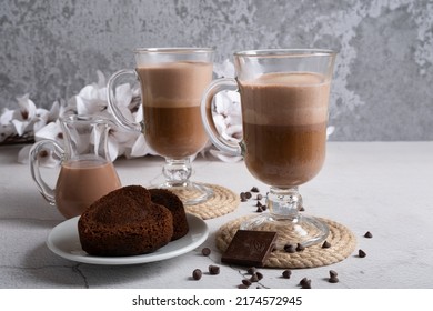 Latte Made From Chocolate Oat Milk And Natural Coffee For Two People With Dessert