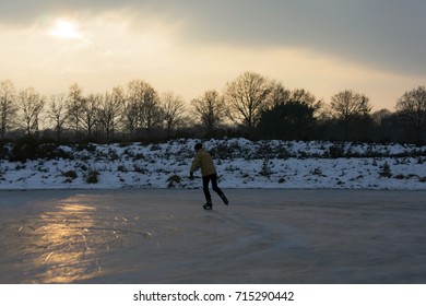 LATTROP, NETHERLANDS - JANUARY 25, 2017. Older Man Skating   On Hockey Skates.