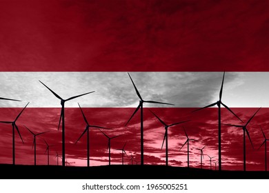 Latvia Flag Wind Farm At Sunset, Sustainable Development, Renewable Energy Wind Turbines