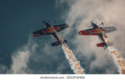 Latvia, Riga, Bikernieki raceway - AUG 14, 2020: Drift King of Riga 2020 Red Bull Flying Bulls demo team at the sky