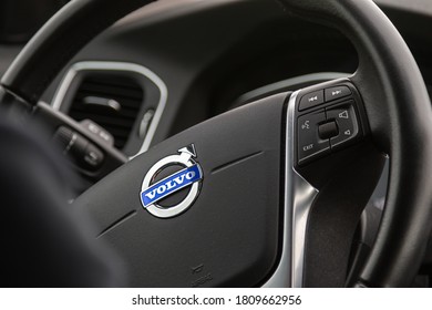 Latvia, Riga, September 03, 2020: Volvo logo on the steering wheel