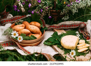Latvia summer. Symbolism of Latvia for Ligo holiday. Midsummer in Latvia. Traditional Latvian midsummer food. Celebration of Ligo in june decorating home with field flower bouquet. 