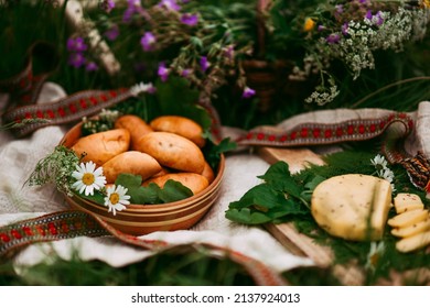 Latvia summer. Symbolism of Latvia for Ligo holiday. Midsummer in Latvia. Traditional Latvian midsummer food. Celebration of Ligo in june decorating home with field flower bouquet. 