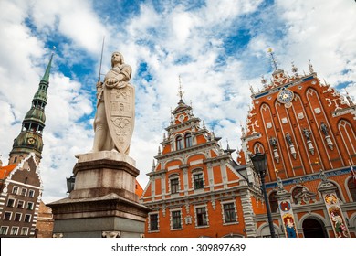 Latvian  attraction - house of the Blackheads, sculpture of Saint Roland and Saint Peters Church in old city Riga, Latvia