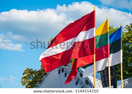 Latvian, Lithuanian and Estonian flags waving together, Latvia, Lithuania, Estonia, Baltic countries, united, independent, Baltics are members of European Union and NATO defense force