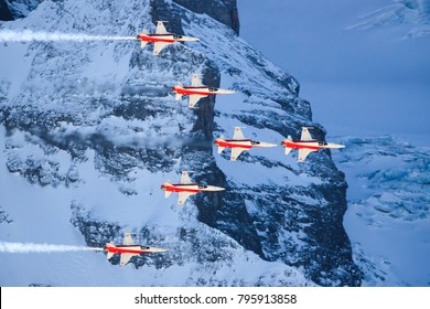 Lauberhorn/ Schwitzlerand january 17, 2018: Siwss C-Series performing a Air show at Lauberhorn ski world cup.