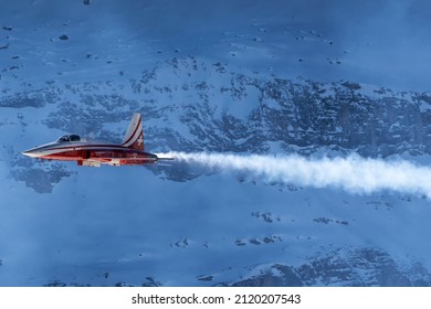 LAUBERHORN, SWITZERLAND - JANUARY 14, 2022: Patrouille Suisse  air show at Lauberhorn above the Swiss Alps near GrindelwaldWengen, Switzerland.