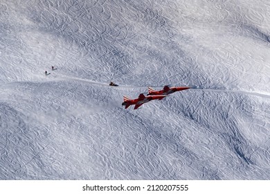 LAUBERHORN, SWITZERLAND - JANUARY 14, 2022: Patrouille Suisse  air show at Lauberhorn above the Swiss Alps near GrindelwaldWengen, Switzerland.