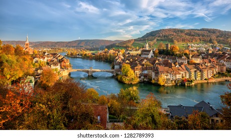 Laufenburg Old town on Rhine river is a popular day trip destination around Basel, Switzerland, on the swiss german border