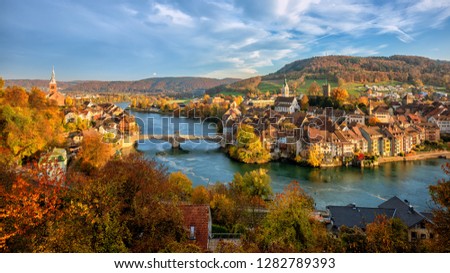 Laufenburg Old town on Rhine river is a popular day trip destination around Basel, Switzerland, on the swiss german border