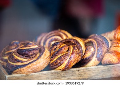 Laugavegur Street In Downtown With Bakery Cafe Store Shop Window Display Of Croissant, French And Danish Buns Cinnamon Swirl Rolls In Reykjavik, Iceland