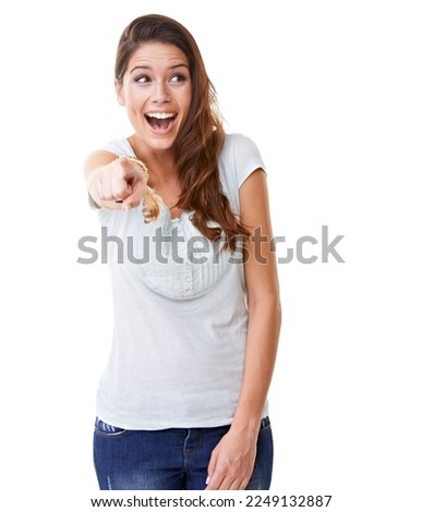 Laugh, bullying and woman pointing in studio isolated on white background for humor, shame and mocking gesture. Body language, mean and girl point finger for attitude, making fun and laughing at joke