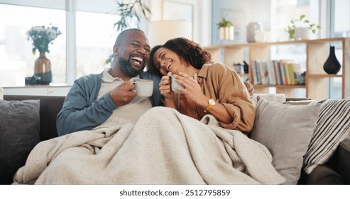 Laugh love and coffee with mature couple on sofa for bonding, marriage and romance. Happiness, calm and health with people drinking in living room of home for tea, communication and comfort together - Powered by Shutterstock