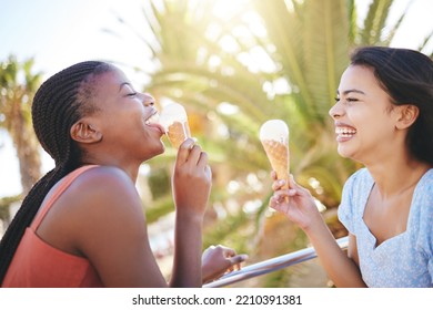 Laugh, Smile And Friends With Ice Cream On The Beach While On Summer Vacation Or Trip Together. Happiness, Joy And Girl Best Friends Eating Dessert In Nature By The Ocean Or Sea While On Holiday.