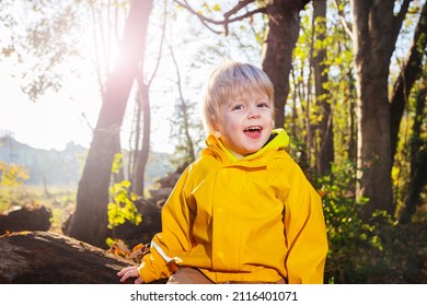 Laughing 3 Years Old Boy Sitting On The Log In The Forest Wearing Bright Coat With Lens Flare And Sun On Background