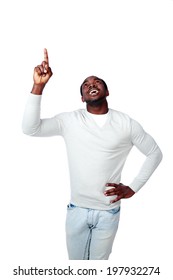 Laughing African Man Pointing Up On White Background