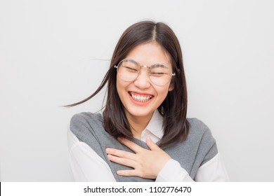 Laughing Of Asian Beautiful Positive Thinking Women With Short Hair On White Background