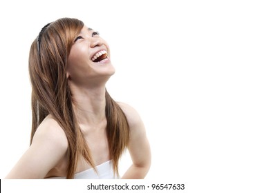 Laughing Asian Woman Looking Up On White Background