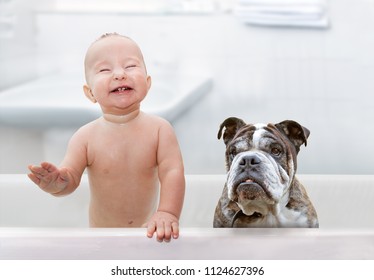 Laughing Baby And Dog In White Bathtub