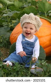 Laughing Baby Sitting With A Pumpkin