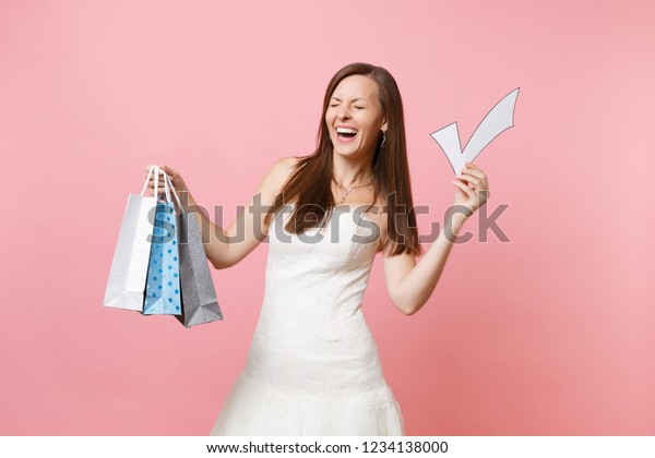 Laughing Bride Woman Wedding Dress Holding Stock Photo Edit Now