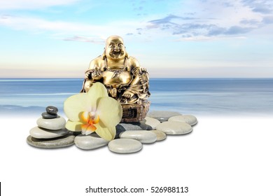 Laughing Buddha or Budai, yellow orchid flower, zen stone and sky reflected in sea - Powered by Shutterstock