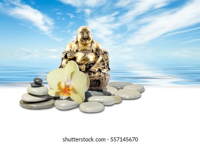 Laughing Buddha or Budai, yellow orchid flower, zen stone and sky reflected in sea - Powered by Shutterstock