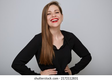 Laughing Business Woman In Black Shirt Holding Hands On Hip, Isolated Female Portrait.