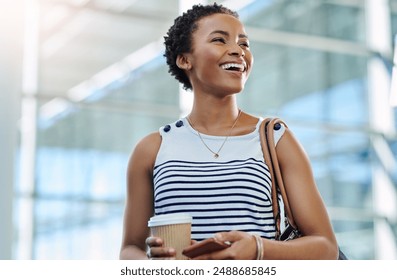 Laughing, coffee and woman with phone at work for social media, email check or internet information. Smile, break and young employee on mobile app with drink, meme and joke in office for business - Powered by Shutterstock