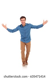 Laughing Excited Man Welcoming You, Full Body Picture Of White Background