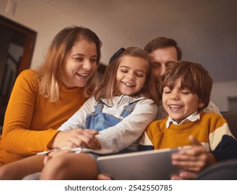 Laughing, family and watching movies with tablet, home and bonding with comedy, lounge and online. Living room, people and parents with children, joy and funny videos with internet, love and house - Powered by Shutterstock