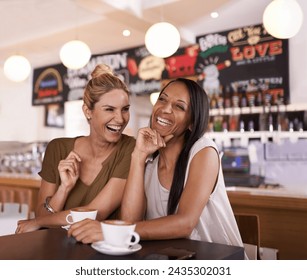 Laughing, friends or women in cafe for coffee to drink for a fun reunion, support or holiday with smile or love. Relax, happy or funny people with a cup of tea for bonding at a restaurant or diner - Powered by Shutterstock