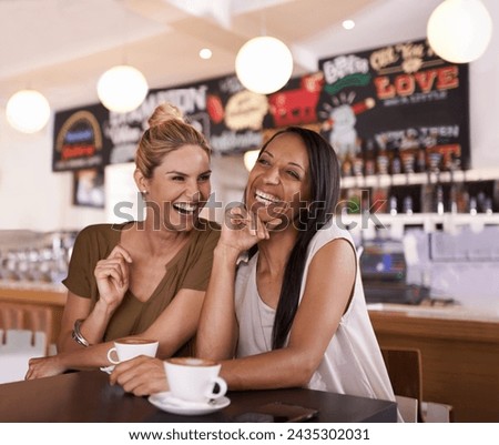Laughing, friends or women in cafe for coffee to drink for a fun reunion, support or holiday with smile or love. Relax, happy or funny people with a cup of tea for bonding at a restaurant or diner