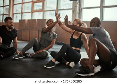 Laughing group of diverse young friends in sportswear high-fiving together after a gym workout class - Powered by Shutterstock