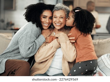 Laughing, hug and portrait of family with affection, visit and bonding on mothers day. Smile, love and mother, child and grandmother hugging, being affectionate and cheerful for quality time together - Shutterstock ID 2276429569