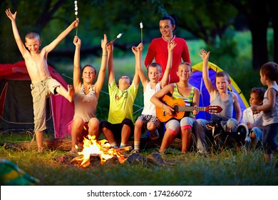 Laughing Kids Friends Having Fun Around Campfire