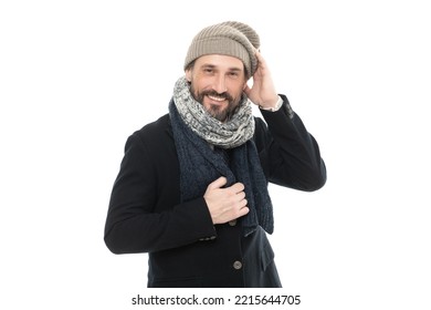 Laughing Mature Man In Winter Warm Clothes. Man Wear Winter Warm Clothes Isolated On White