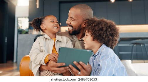 Laughing, movie and tablet with family in living room of home for bonding, entertainment or love. App, social media or streaming with happy father and children in apartment for subscription service - Powered by Shutterstock