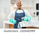 Laughing, portrait and a black woman with cleaning bucket for home service or working on dirt. Smile, start and an African worker in a house with product for housekeeping or pride in cleaner uniform