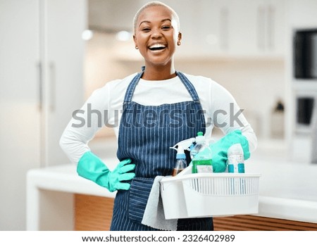 Laughing, portrait and a black woman with cleaning bucket for home service or working on dirt. Smile, start and an African worker in a house with product for housekeeping or pride in cleaner uniform Сток-фото © 