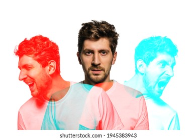 Laughing, sad, screaming. Young man with different emotions in casual clothes isolated on white background with glitch effect. Concept of emotional, facial expression, mood. Copyspace for ad. - Shutterstock ID 1945383943