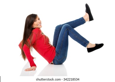 Laughing Student Woman With Legs Up On The Floor.