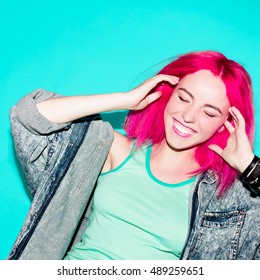 Laughing Teenager Girl With Pink Hair Stylish Hair Color Trend