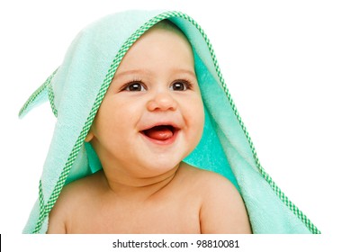 Laughing Toothless Baby Covered With Towel