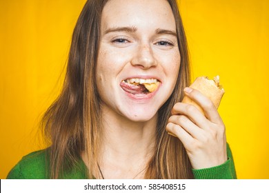 Laughing Woman With Full Mouth Of Food Chewing