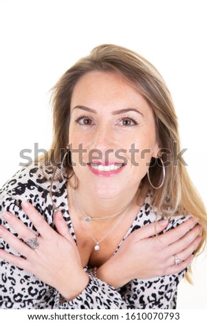 Laughing woman with hands crossed on body pretty blonde girl smiling happy