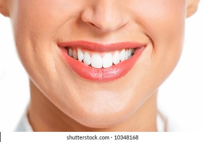 Laughing woman mouth with great teeth. Over white background - Shutterstock ID 10348168