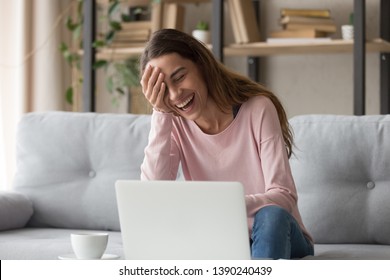 Laughing Woman Sitting On Sofa Watch Comedy Movie On Pc Enjoy Funny Videos Stand Up Show Online Program Listens Comic Feels Overjoyed, Weekend Activities At Home, Wireless Tech Internet Usage Concept